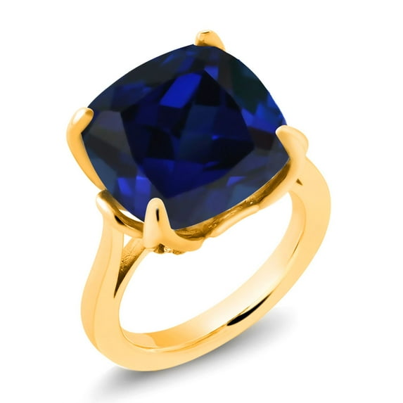Gem Stone King 18K Yellow Gold Plated Silver Blue Created Sapphire and White Topaz Engagement Ring for Women (14.10 Cttw, 14MM Cushion, Size 9)