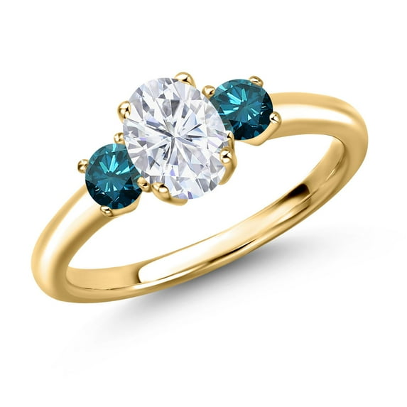 Gem Stone King 18K Yellow Gold Plated Silver White Moissanite and Blue Diamond Engagement Ring for Women | 1.20 Cttw | Oval 7X5MM | Gemstone Birthstone | Size 5