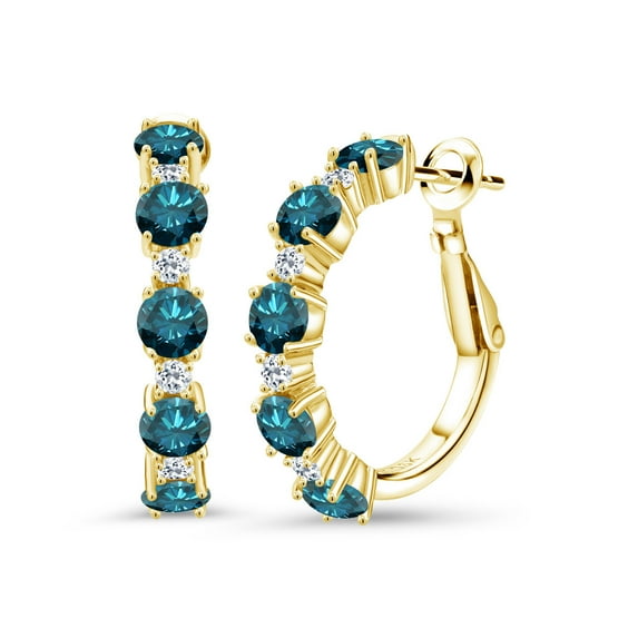 Gem Stone King 18K Yellow Gold Plated Silver Blue Diamond and White Topaz Hoop Earrings for Women (3.02 Cttw, Round 4MM and 1.9MM, Gemstone Birthstone 1 inch Diameter)