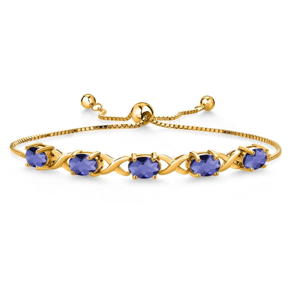 Gem Stone King 18K Yellow Gold Plated Silver Blue Iolite Bracelet for Women (3.25 Cttw, Gemstone, Oval Checkerboard 7X5MM, Fully Adjustable up to 9 inches)