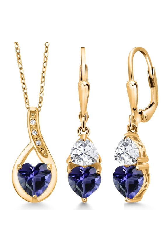 18K Yellow Gold Plated Silver Blue Iolite Pendant Earrings Set for Women (3.54 Cttw, Gemstone Birthstone, with 18 inch Chain)