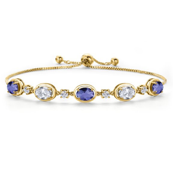 18K Yellow Gold Plated Silver Blue Iolite and White Topaz and Moissanite Tennis Bracelet for Women | 3.95 Cttw | Gemstone Birthstone | Oval Checkerboard 7X5MM | Fully Adjustable 10 inch