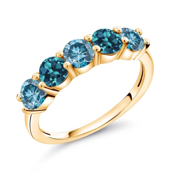 Gem Stone King 18K Yellow Gold Plated Silver Blue Lab Grown Diamond and London Blue Topaz Wedding-Bands Ring for Women | 0.95 Cttw | Round 3.5MM | Gemstone April Birthstone | Size 5