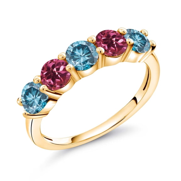 Gem Stone King 18K Yellow Gold Plated Silver Blue Lab Grown Diamond and Pink Tourmaline Wedding-Bands Ring for Women | 0.81 Cttw | Round 3.5MM | Gemstone April Birthstone | Size 6