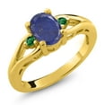 thumbnail image 1 of Gem Stone King 18K Yellow Gold Plated Silver Blue Lapis and Green Nano Emerald 3 Stone Engagement Ring for Women | 1.45 Cttw | Oval 8X6MM | Round 2MM | Gemstone Birthstone | Size 6, 1 of 4
