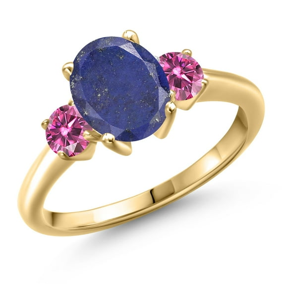 Gem Stone King 18K Yellow Gold Plated Silver Blue Lapis and Pink Moissanite Engagement Ring for Women | 2.46 Cttw | Oval 9X7MM | Gemstone Birthstone | Size 9