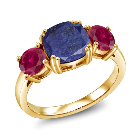 Gem Stone King 18K Yellow Gold Plated Silver Blue Lapis and Red Created Ruby 3 Stone Engagement Ring for Women (4.00 Cttw, Gemstone, Cushion 8MM, Size 7)