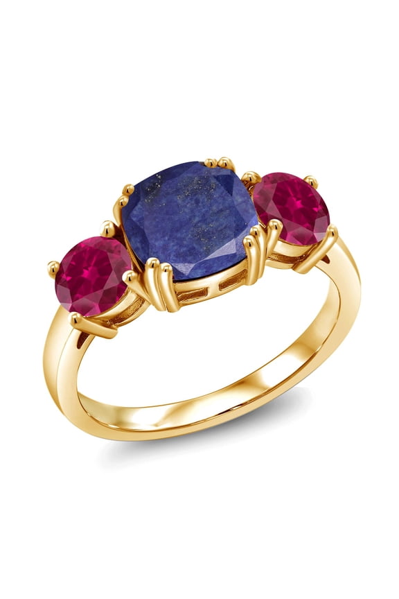 18K Yellow Gold Plated Silver Blue Lapis and Red Created Ruby 3 Stone Engagement Ring for Women (4.00 Cttw, Gemstone, Cushion 8MM, Size 9)