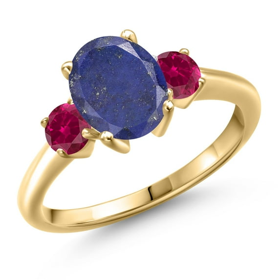 Gem Stone King 18K Yellow Gold Plated Silver Blue Lapis and Red Created Ruby Engagement Ring for Women | 2.50 Cttw | Oval 9X7MM | Gemstone Birthstone | Size 9