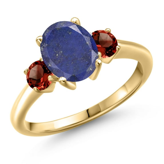 Gem Stone King 18K Yellow Gold Plated Silver Blue Lapis and Red Garnet Engagement Ring for Women | 2.74 Cttw | Oval 9X7MM | Gemstone Birthstone | Size 9
