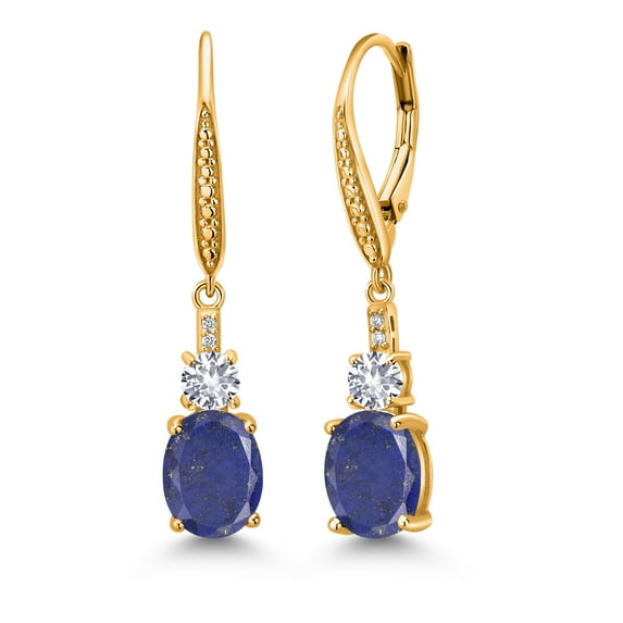 Gem Stone King 18K Yellow Gold Plated Silver Blue Lapis and White Created Sapphire Dangle Earrings for Women with Lab Grown Diamond (4.53 Cttw, Oval 9X7MM)