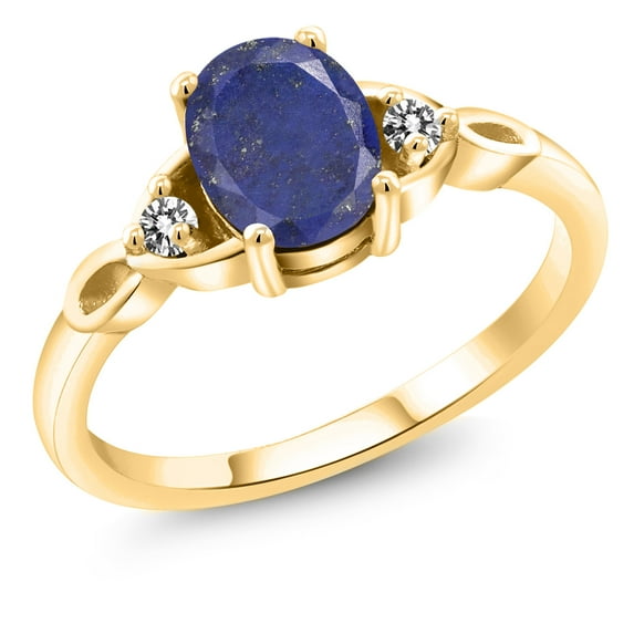 Gem Stone King 18K Yellow Gold Plated Silver Blue Lapis and White Diamond 3-Stone Rings for Women (1.47 Cttw, Gemstone, Oval 8X6MM, Available in Size 5, 6, 7, 8, 9)