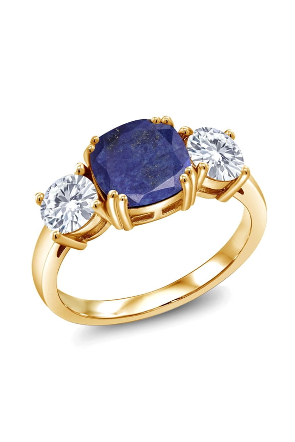 18K Yellow Gold Plated Silver Blue Lapis and White Moissanite 3 Stone Engagement Ring for Women (3.00 Cttw, Gemstone, Cushion 8MM, Size 7)
