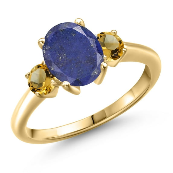 Gem Stone King 18K Yellow Gold Plated Silver Blue Lapis and Yellow Citrine Engagement Ring for Women | 2.51 Cttw | Oval 9X7MM | Gemstone Birthstone | Size 5