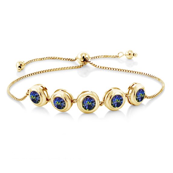 Gem Stone King 18K Yellow Gold Plated Silver Blue Mystic Topaz Tennis Bracelet for Women (5.00 Cttw, Round 6MM, Gemstone Birthstone, Fully Adjustable up to 9 inch)