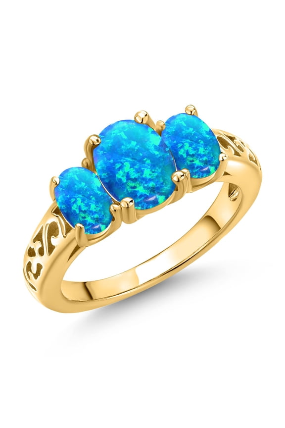 18K Yellow Gold Plated Silver Blue Opal Filigree Style 3 Stone Ring for Women (2.06 Cttw, Oval 8X6MM and 6X4MM) (Size 5)