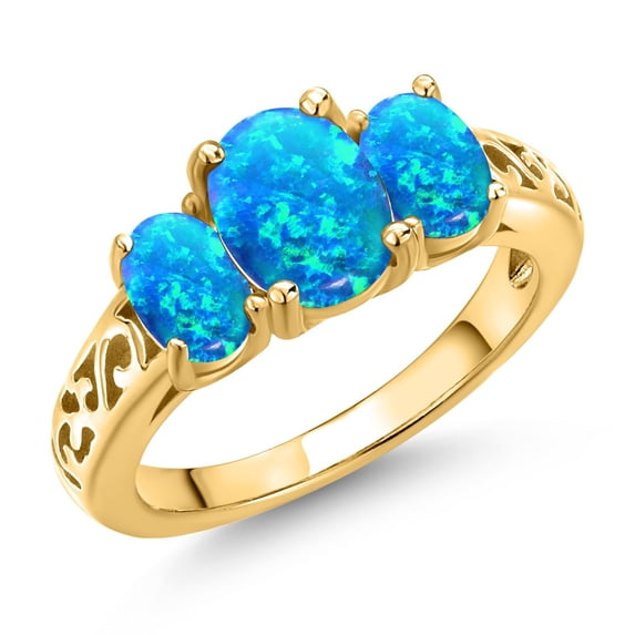 Gem Stone King 18K Yellow Gold Plated Silver Blue Opal Filigree Style 3 Stone Ring for Women (2.06 Cttw, Oval 8X6MM and 6X4MM) (Size 6)