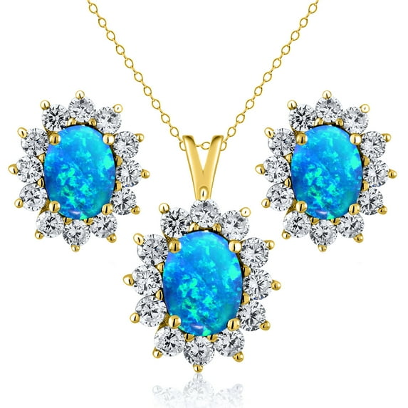 Gem Stone King 18K Yellow Gold Plated Silver Blue Opal Pendant and Earrings Jewelry Set for Women (2.92 Cttw, Gemstone October Birthstone, Oval Cabochon 8X6MM and 7X5MM, with 18 inch Silver Chain)