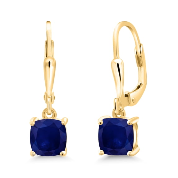Gem Stone King 18K Yellow Gold Plated Silver Blue Sapphire Dangle Earrings for Women (2.60 Cttw, Gemstone September Birthstone, Cushion 6MM)