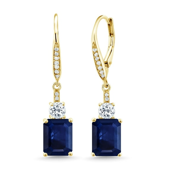 Gem Stone King 18K Yellow Gold Plated Silver Blue Sapphire Dangle Earrings for Women (5.78 Cttw, Gemstone September Birthstone, Octagon 9X7MM)