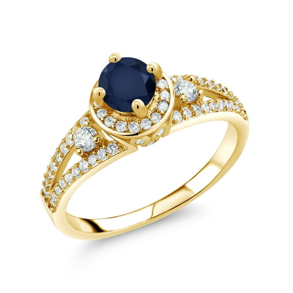 Gem Stone King 18K Yellow Gold Plated Silver Blue Sapphire Engagement Ring for Women (1.54 Cttw, Round 5MM, Gemstone September Birthstone, Size 5)