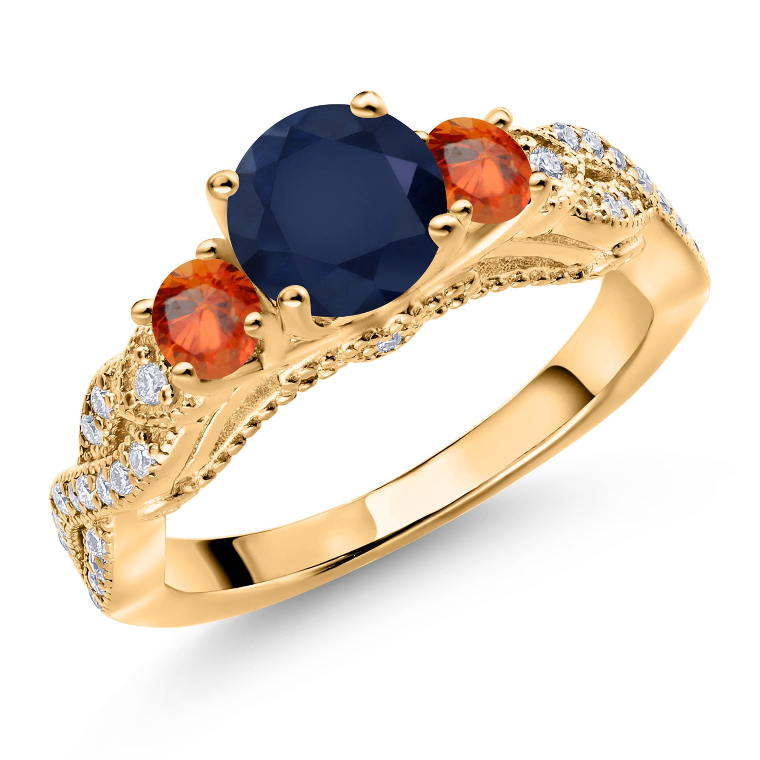Gem Stone King 18K Yellow Gold Plated Silver Blue Sapphire Orange Sapphire and White Moissanite Engagement Ring for Women (1.69 Cttw, Gemstone September Birthstone, Round 6MM and 3MM, Size 6)