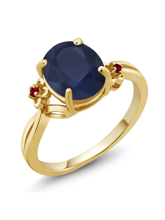 18K Yellow Gold Plated Silver Blue Sapphire and Red Created Ruby 3 Stone Ring for Women (3.03 Cttw, Oval 10X8MM, Gemstone September Birthstone, Size 5)