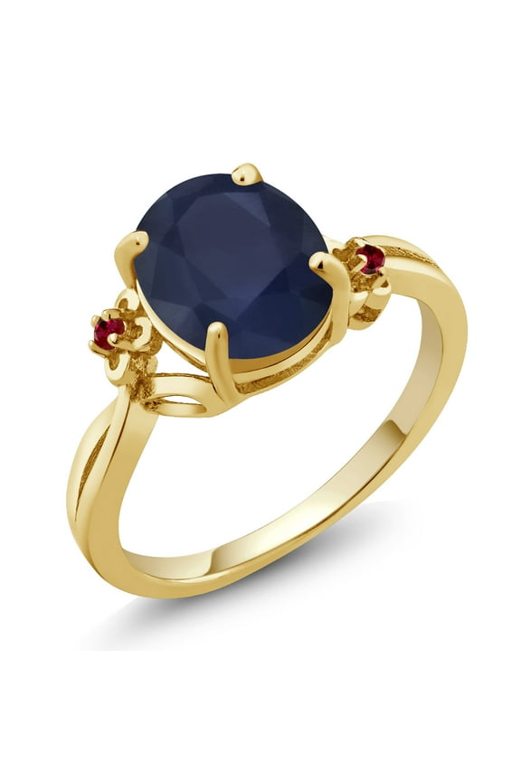 18K Yellow Gold Plated Silver Blue Sapphire and Red Created Ruby 3 Stone Ring for Women (3.03 Cttw, Oval 10X8MM, Gemstone September Birthstone, Size 7)