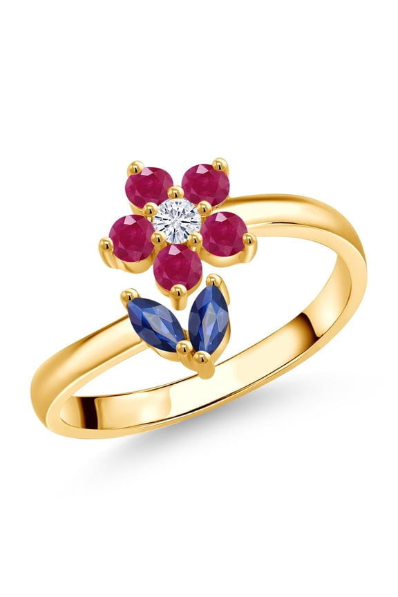 18K Yellow Gold Plated Silver Blue Sapphire Red Ruby and White Moissanite Flower Open Ring for Women | 0.56 Cttw | Gemstone September Birthstone | Size 5