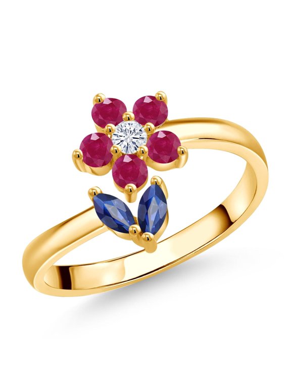 18K Yellow Gold Plated Silver Blue Sapphire Red Ruby and White Moissanite Flower Open Ring for Women | 0.56 Cttw | Gemstone September Birthstone | Size 9