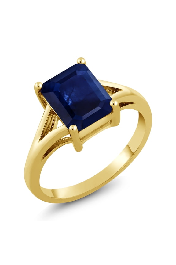 18K Yellow Gold Plated Silver Blue Sapphire Solitaire Engagement Ring for Women (2.45 Cttw, Emerald Cut 9X7MM, Gemstone September Birthstone, Size 5)