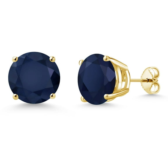 Gem Stone King 18K Yellow Gold Plated Silver Blue Sapphire Stud Earrings for Women Men (9.90 Cttw, Gemstone Birthstone, Round 10MM)