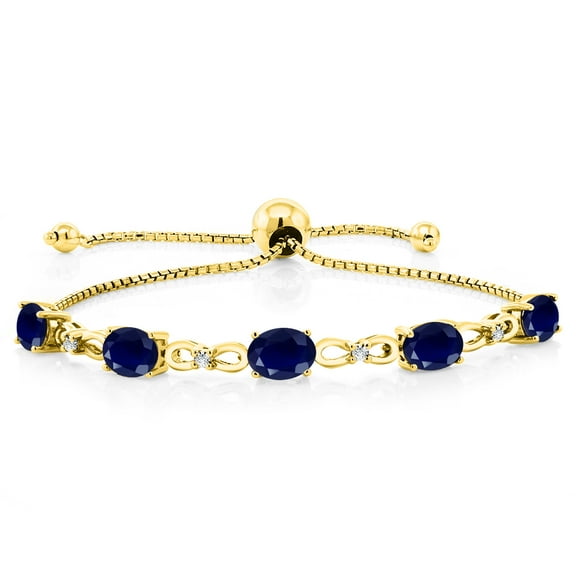 Gem Stone King 18K Yellow Gold Plated Silver Blue Sapphire and White Lab Grown Diamond Tennis Bracelet for Women (5.02 Cttw, Gemstone September Birthstone, Oval 7x5MM, Fully Adjustable up to 9 inch)