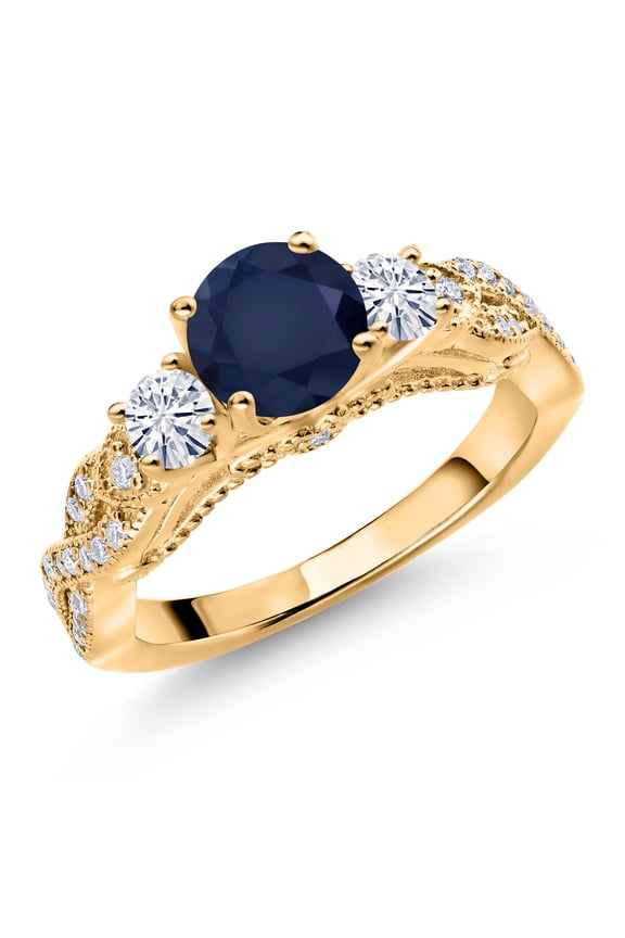 18K Yellow Gold Plated Silver Blue Sapphire and White Moissanite Engagement Ring for Women (1.57 Cttw, Gemstone September Birthstone, Round 6MM and 3MM, Size 9)