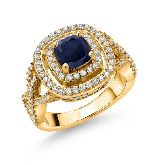 Gem Stone King 18K Yellow Gold Plated Silver Blue Sapphire and White Moissanite Ring for Women (2.21 Cttw, Gemstone Birthstone, Cushion Cut 6MM, Size 5)