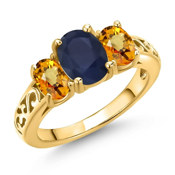Gem Stone King 18K Yellow Gold Plated Silver Blue Sapphire and Yellow Sapphire Filigree Style 3 Stone Ring for Women (3.03 Cttw, Oval 8X6MM and 6X4MM) (Size 8)