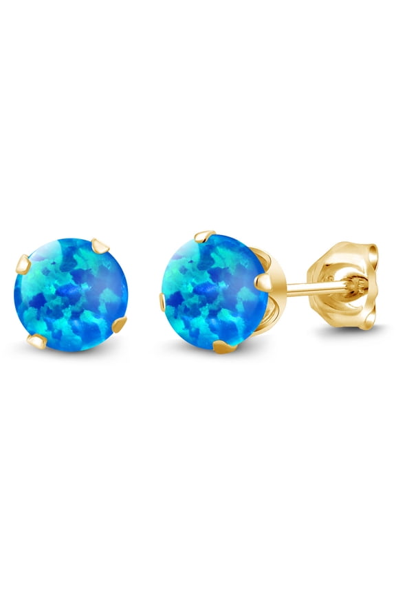 18K Yellow Gold Plated Silver Simulated Blue Opal Stud Earrings for Women | 1.00 Cttw | Gemstone October Birthstone | Round Cabochon 5MM