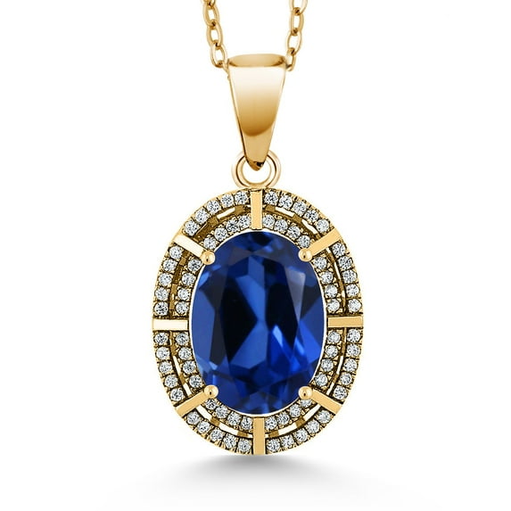 Gem Stone King 18K Yellow Gold Plated Silver Blue Simulated Sapphire Pendant Necklace for Women (6.84 Cttw, Oval 14X10MM, Gemstone Birthstone, with 18 inch Silver Chain)