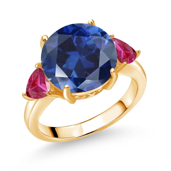 Gem Stone King 18K Yellow Gold Plated Silver Blue Simulated Sapphire and Red Created Ruby 3-Stone Ring for Women (6.86 Cttw, Round 12MM, Trillion 5MM, Size 5)