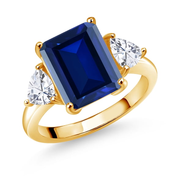 Gem Stone King 18K Yellow Gold Plated Silver Blue Simulated Sapphire and White Moissanite 3 Stone Ring for Women (7.64 Cttw, Octagon 12X10MM, Trillion 5X5MM, September Birthstone, Size 9)