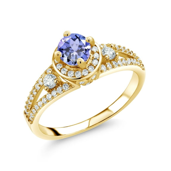 Gem Stone King 18K Yellow Gold Plated Silver Blue Tanzanite Engagement Ring for Women (1.40 Cttw, Round 5MM, Gemstone December Birthstone, Size 6)
