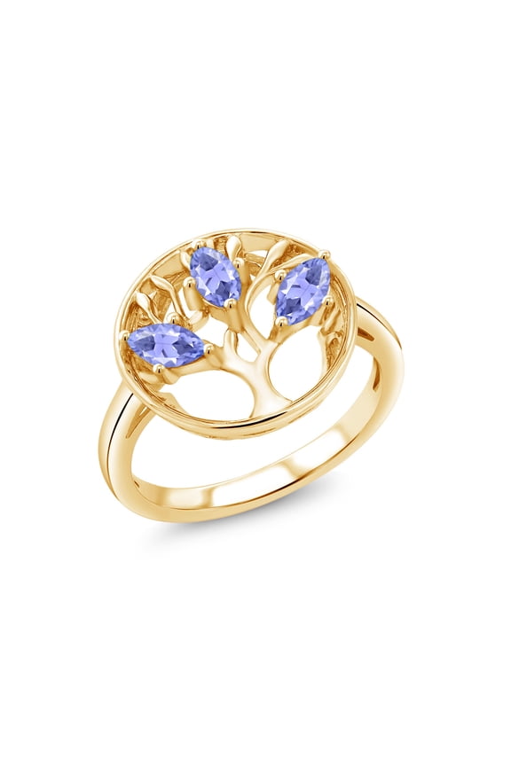 18K Yellow Gold Plated Silver Blue Tanzanite Family Tree of Life Ring for Women (0.75 Cttw, Gemstone December Birthstone, Size 5)