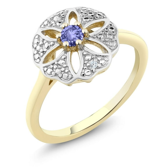 Gem Stone King 18K Yellow Gold Plated Silver Blue Tanzanite and I Diamond Engagement Ring for Women | 0.12 Cttw | Round 3MM | Gemstone December Birthstone | Size 5