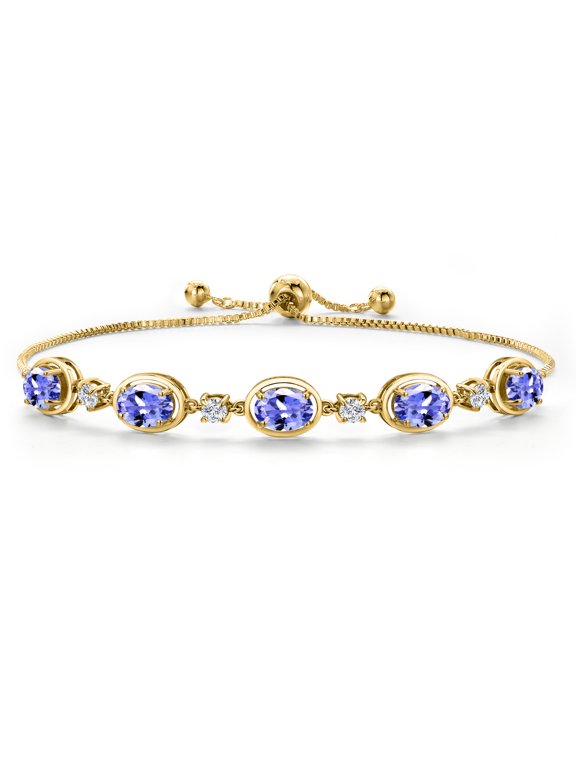 18K Yellow Gold Plated Silver Blue Tanzanite and Lab Grown Diamond Bracelet for Women | 4.15 Cttw | Gemstone December Birthstone | Oval 7X5MM | Fully Adjustable 9 inch