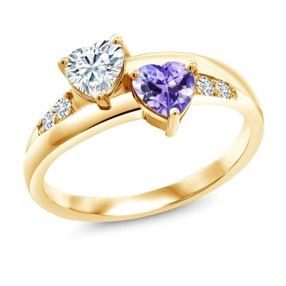 Gem Stone King 18K Yellow Gold Plated Silver Blue Tanzanite Lab Grown Diamond Ring Set with Moissanite (1.00 Cttw, Size 8)