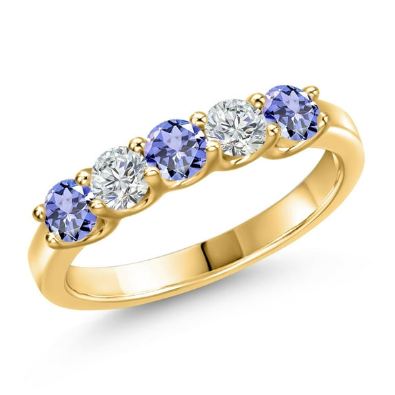 Gem Stone King 18K Yellow Gold Plated Silver Blue Tanzanite and Lab Grown Diamond Wedding-Bands Ring for Women | 0.88 Cttw | Round 3.5MM | Gemstone December Birthstone | Size 6