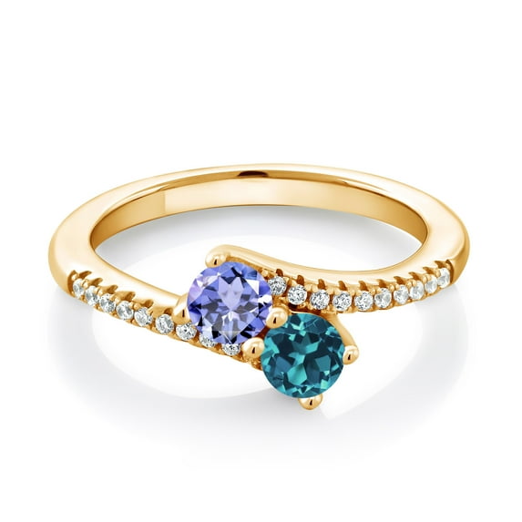 Gem Stone King 18K Yellow Gold Plated Silver Blue Tanzanite and London Blue Topaz Bypass Ring for Women (0.87 Cttw, Gemstone December Birthstone, Round 4MM, Size 7)