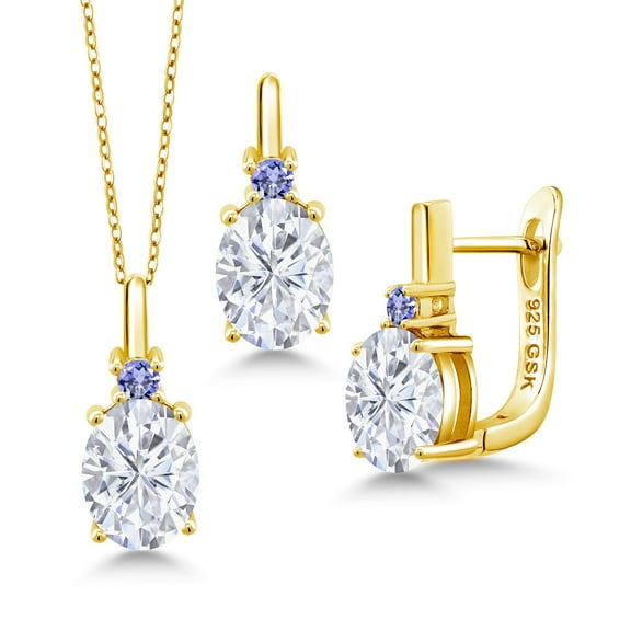 Gem Stone King 18K Yellow Gold Plated Silver Blue Tanzanite Pendant and Earrings Jewelry Set with Moissanite (6.54 Cttw)