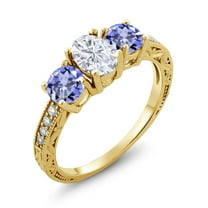 Gem Stone King 18K Yellow Gold Plated Silver Blue Tanzanite Ring Set with Moissanite (1.94 Cttw) (Size 7)