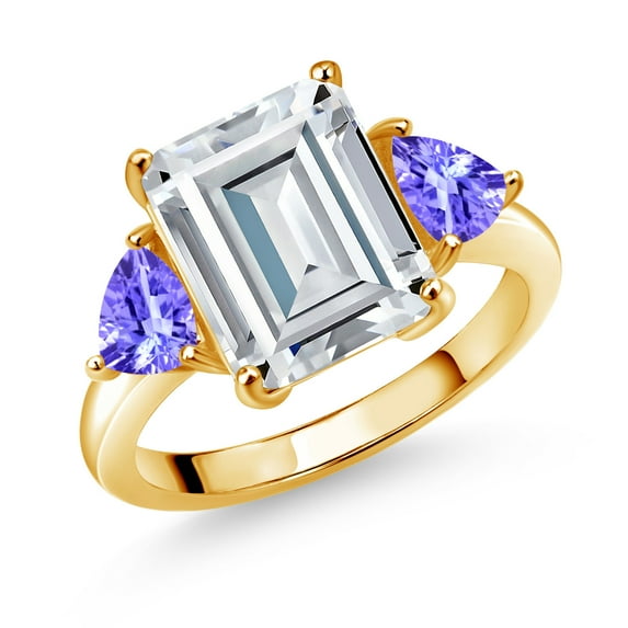 Gem Stone King 18K Yellow Gold Plated Silver Blue Tanzanite Ring Set with Moissanite (8.18 Cttw)